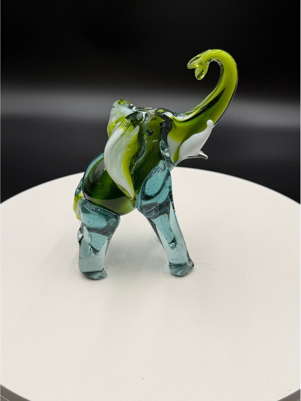 Vintage Murano Style Art Glass Elephant Figurine Green Blue White Swirl Trunk Up